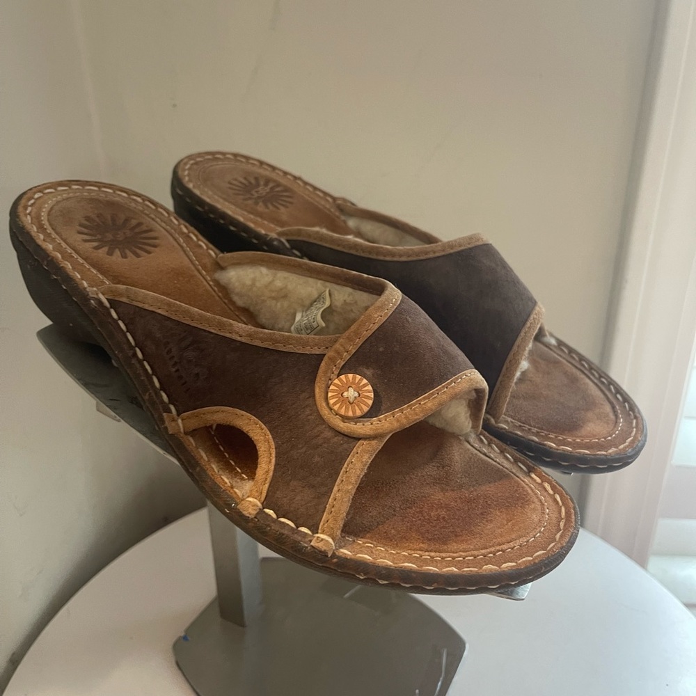 UGG Women.s 1793 KALAMA BROWN LEATHER LINED COMFORT SLIP ON WEDGE HEEL SANDALS 8